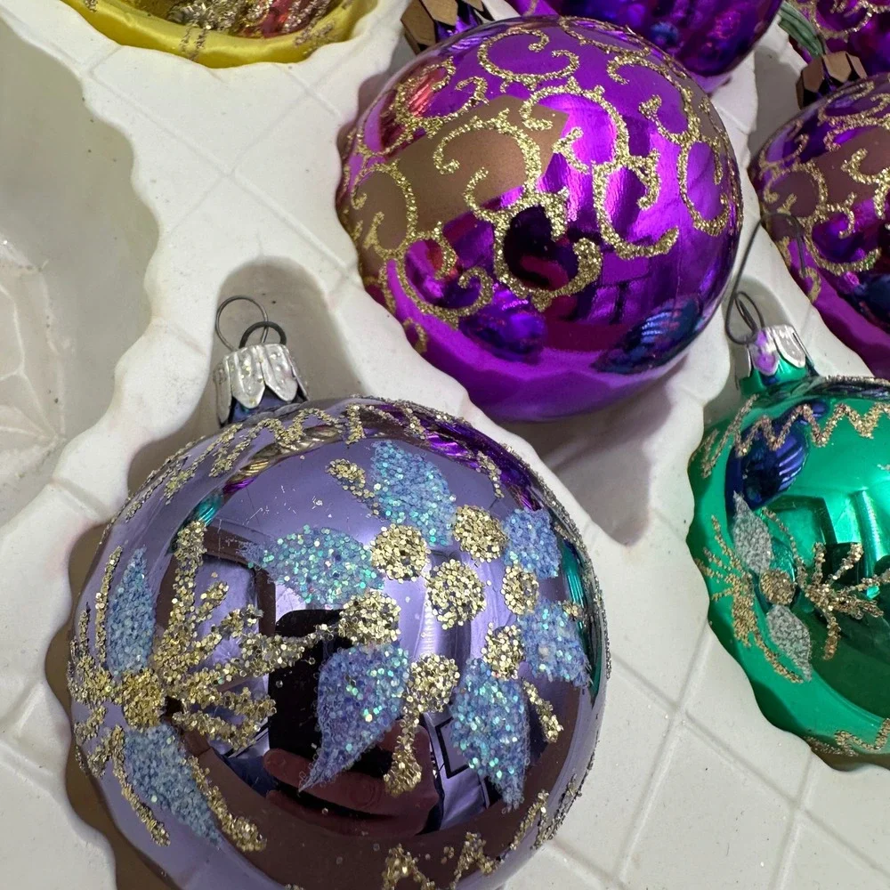 Vintage Glass Christmas Ornaments Purple Gold Green Romania Commodore Lot 17